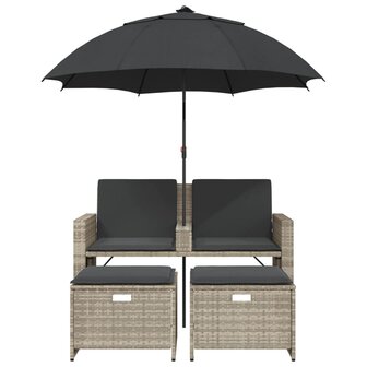 Tuinbank 2-zits parasol en voetenbanken poly rattan lichtgrijs