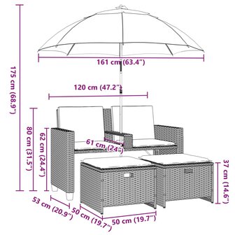 Tuinbank 2-zits parasol en voetenbanken poly rattan lichtgrijs