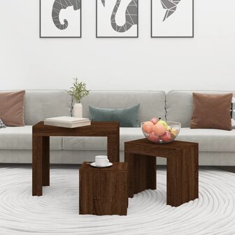3-delige Tafeltjesset bewerkt hout bruin eikenkleur
