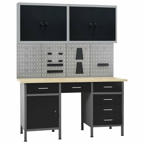 Werkbank met vier wandpanelen en twee kasten
