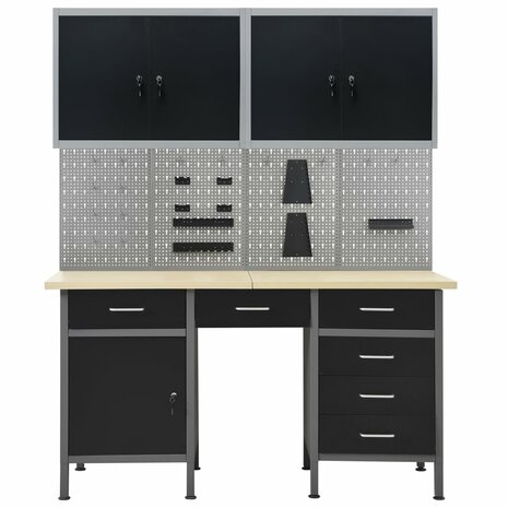Werkbank met vier wandpanelen en twee kasten
