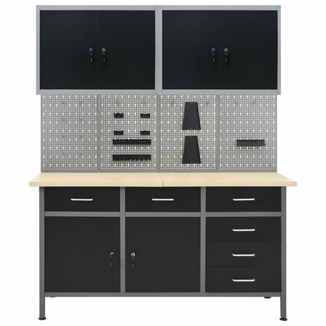 Werkbank met vier wandpanelen en twee kasten