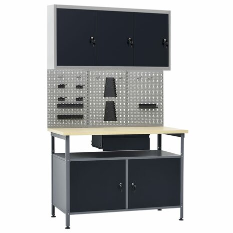 Werkbank met drie wandpanelen en een kast