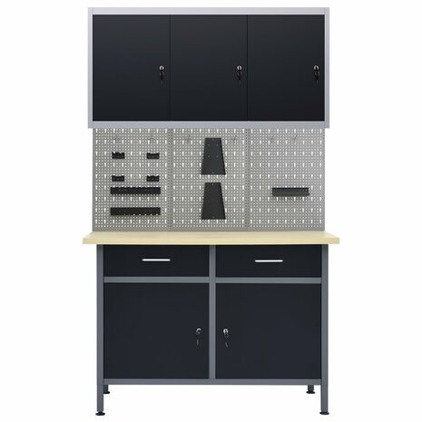 Werkbank met drie wandpanelen en een kast