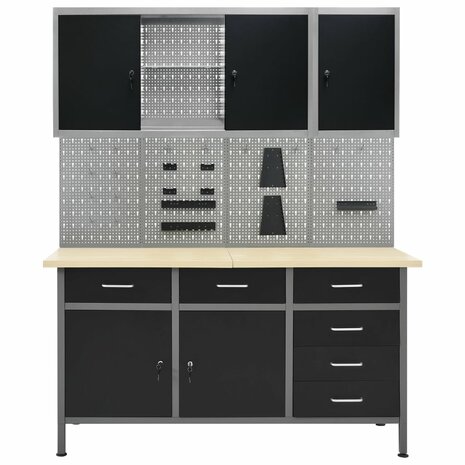 Werkbank met vier wandpanelen en twee kasten