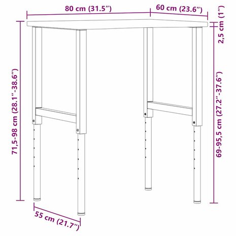 Werkbank 80x60x(71,5-98) cm massief eikenhout