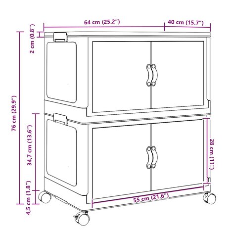 Opbergbox stapelbaar met wielen 2-laags 75 L 64x40x76 cm