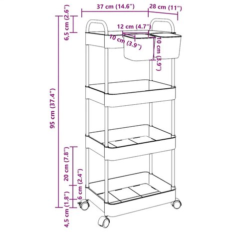 Opbergtrolley 4-laags 37x28x95 cm acryl transparant