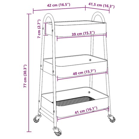Opbergtrolley 3-laags 42x41,5x77 cm staal wit