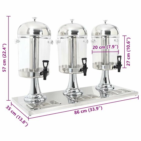Drievoudige sapdispenser roestvrij staal 3x8 L