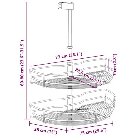 Draadmand keuken 2-laags 180 graden 75x38x80 cm zilverkleurig