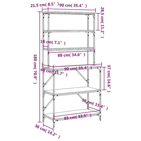 Bakkersrek 6-laags 90x40x180 cm bewerkt hout bruin eikenkleur