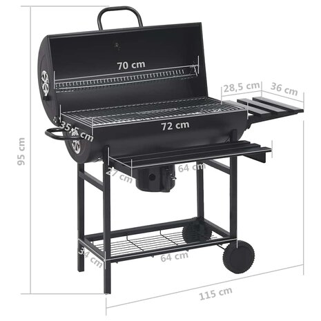 Barbecuevat met wielen en schappen 115x85x95 cm staal zwart