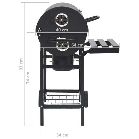 Barbecuevat met wielen en schappen 115x85x95 cm staal zwart