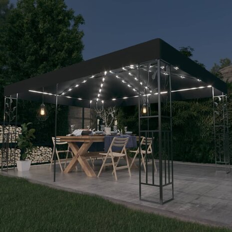 Prieel met dubbel dak en LED-lichtslinger 3x4 m antracietkleur