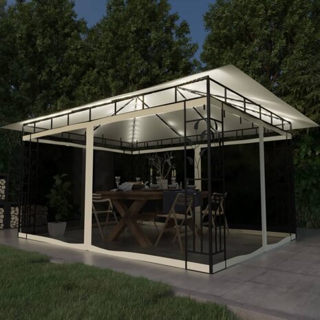 Prieel met klamboe LED-lichtslinger 180 g/m² 4x3x2,73 m crème