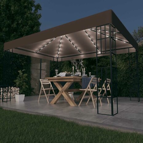 Prieel met LED-lichtslinger 4x3 m taupe