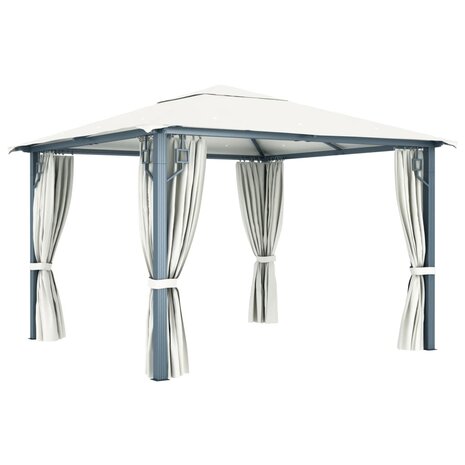 Prieel met gordijn en LED-lichtslinger 3x3 m aluminium crème