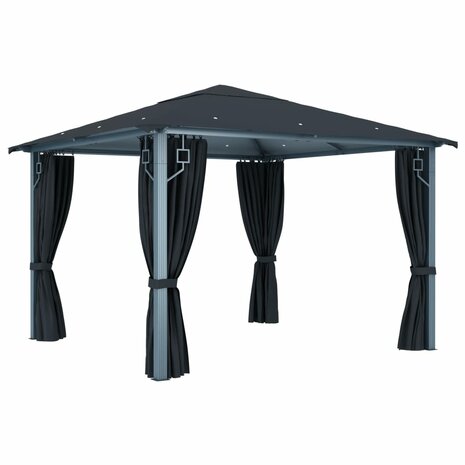 Prieel met gordijn LED-lichtslinger 3x3 m aluminium antraciet