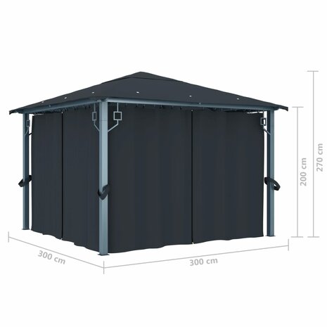 Prieel met gordijn LED-lichtslinger 3x3 m aluminium antraciet