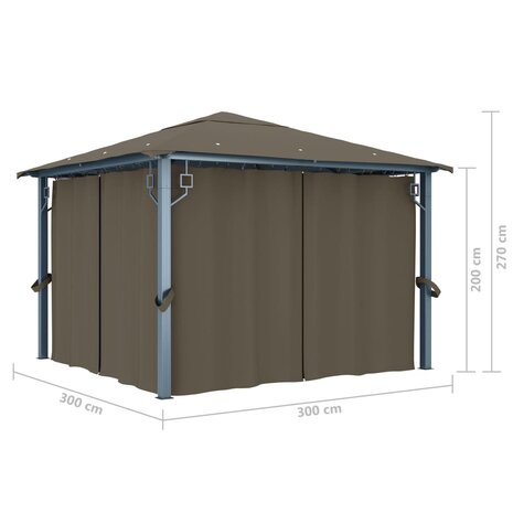 Prieel met gordijn en LED-lichtslinger 3x3 m aluminium taupe