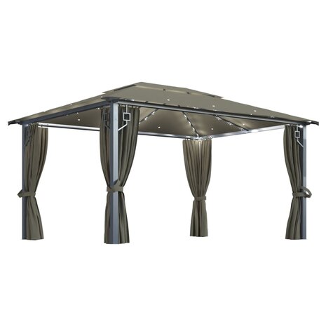Prieel met gordijn en LED-lichtslinger 4x3 m aluminium taupe