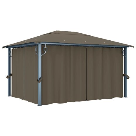Prieel met gordijn en LED-lichtslinger 4x3 m aluminium taupe