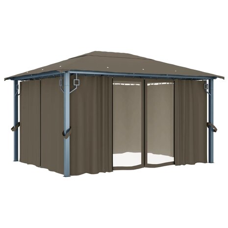 Prieel met gordijn en LED-lichtslinger 4x3 m aluminium taupe