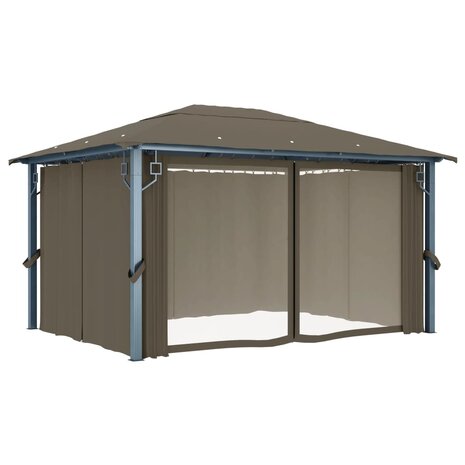 Prieel met gordijn en LED-lichtslinger 4x3 m aluminium taupe