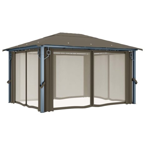 Prieel met gordijn en LED-lichtslinger 4x3 m aluminium taupe