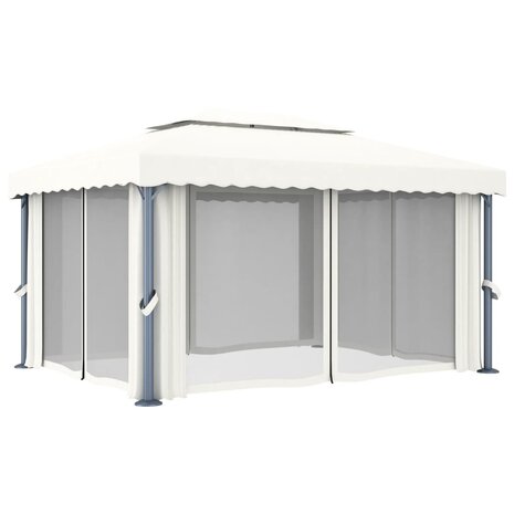 Prieel met gordijn en LED-lichtslinger 4x3 m crèmewit