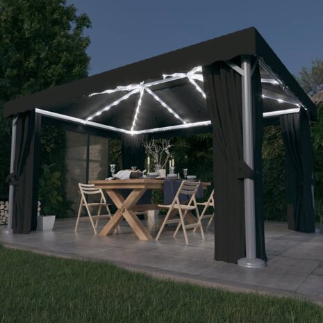 Prieel met gordijn en LED-lichtslinger 4x3 m antracietkleurig