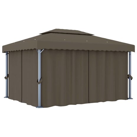 Prieel met gordijn en LED-lichtslinger 4x3 m taupe