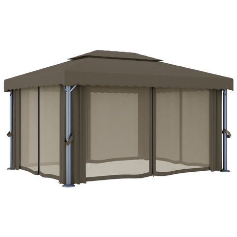 Prieel met gordijn en LED-lichtslinger 4x3 m taupe