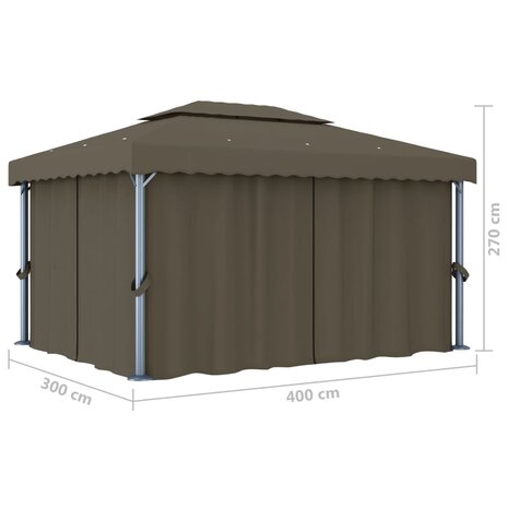 Prieel met gordijn en LED-lichtslinger 4x3 m taupe