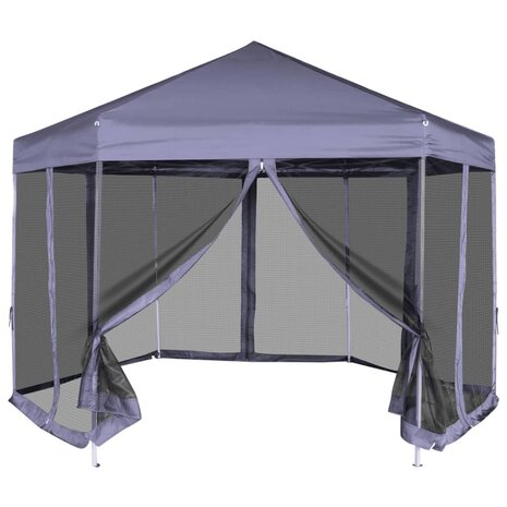 Partytent met zijwanden pop-up zeshoekig 3,6x3,1 m donkerblauw