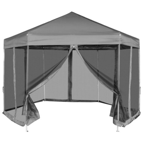 Partytent pop-up zeshoekig met 6 zijwanden 3,6x3,1 m grijs