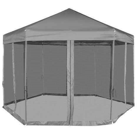 Partytent pop-up zeshoekig met 6 zijwanden 3,6x3,1 m grijs
