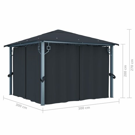 Prieel met gordijn 300x300 cm aluminium antraciet