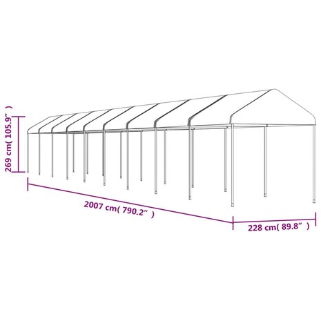 Prieel met dak 20,07x2,28x2,69 m polyetheen wit