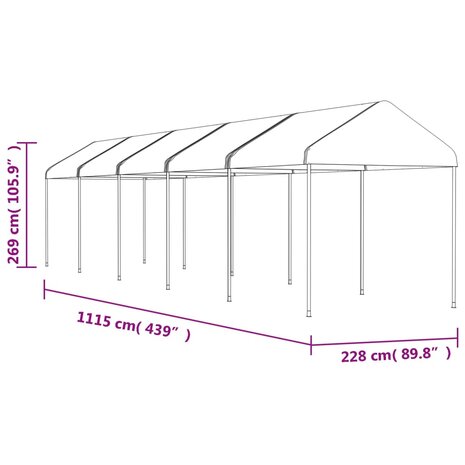 Prieel met dak 11,15x2,28x2,69 m polyetheen wit