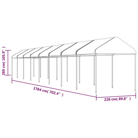 Prieel met dak 17,84x2,28x2,69 m polyetheen wit