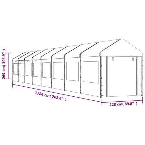 Prieel met dak 17,84x2,28x2,69 m polyetheen wit