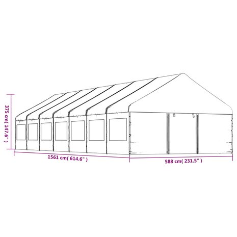 Prieel met dak 15,61x5,88x3,75 m polyetheen wit
