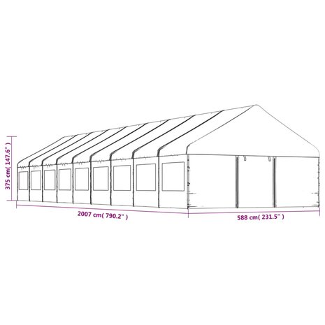 Prieel met dak 20,07x5,88x3,75 m polyetheen wit