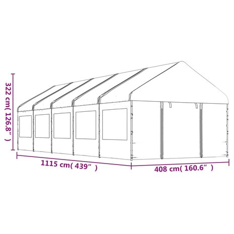 Prieel met dak 11,15x4,08x3,22 m polyetheen wit