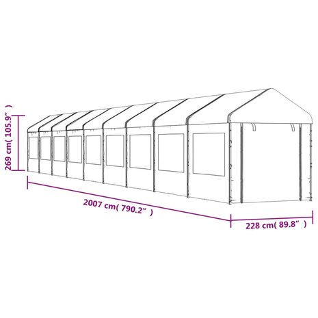 Prieel met dak 20,07x2,28x2,69 m polyetheen wit