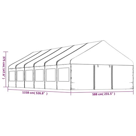 Prieel met dak 13,38x5,88x3,75 m polyetheen wit