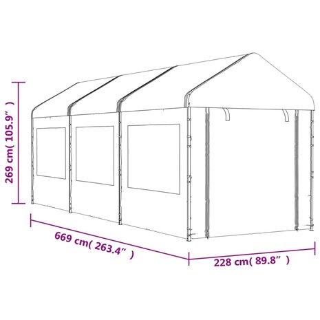 Prieel met dak 6,69x2,28x2,69 m polyetheen wit