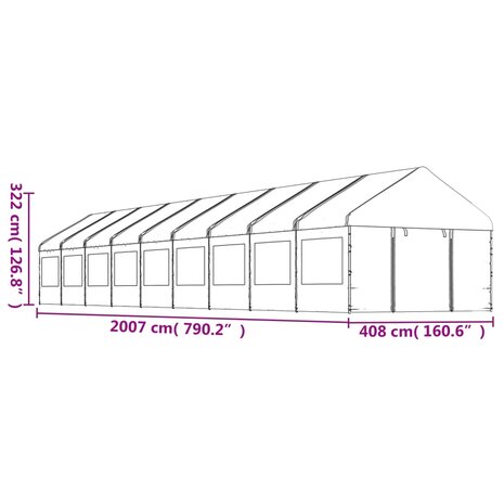 Prieel met dak 20,07x4,08x3,22 m polyetheen wit
